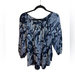 Chaps Blue Floral Cotton Popover Blouse